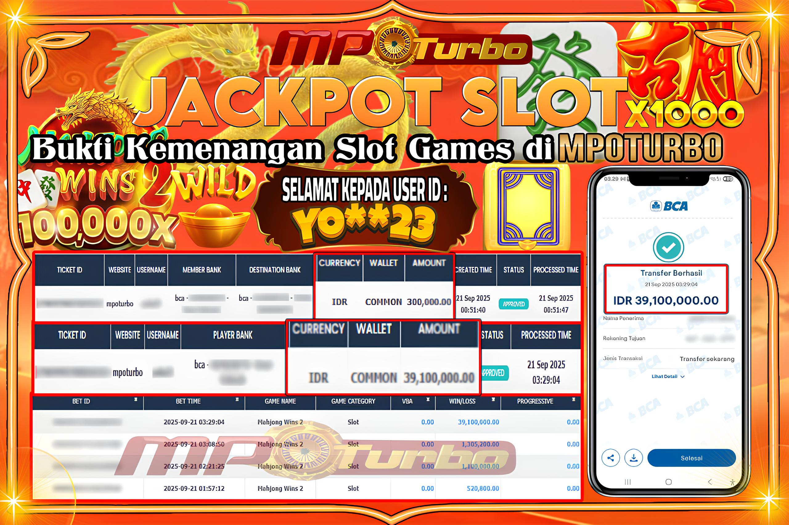 MPOTURBO JACKPOT SLOT MAHJONG WINS 2 - PRAGMATIC PLAY Rp 39,100,000.00,- LUNAS